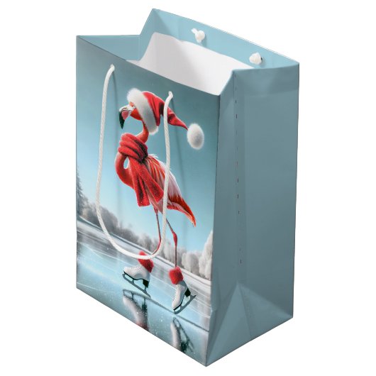 Christmas Flamingo Ice Skaten Mittlere Geschenktüte (Vorderseite Schrägansicht)