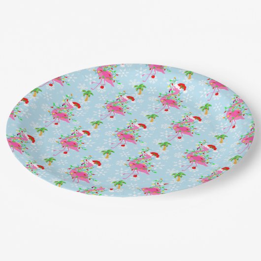 Christmas Flamingo Pattern Blue Pappteller (Schrägansicht)
