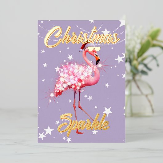 Christmas Flamingo Sparkle Lila Folieneinladung (Stehend vorne)