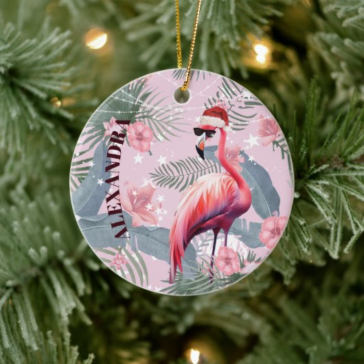 Christmas Flamingo Weihnachtsmannmütze Tropical Keramik Ornament (Baum)