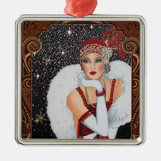Christmas Flapper Girl Star-Drenched Night Sky Ornament Aus Metall (Vorne)