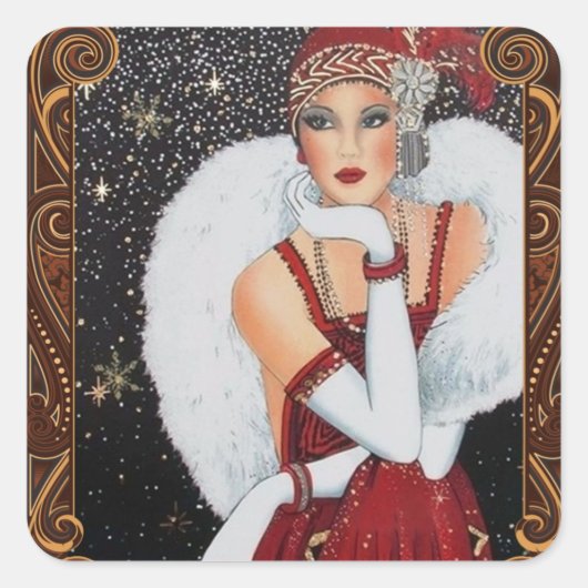 Christmas Flapper Girl Star-Drenched Night Sky Quadratischer Aufkleber (Vorderseite)