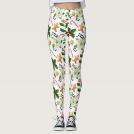 Christmas Floral Holly Candy Canes Gingerbret Leggings