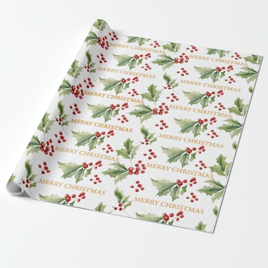 Christmas Floral Holly Red Berries Geschenkpapier (Ungerollt)