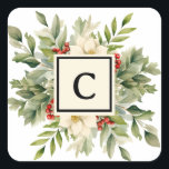 Christmas Floral Monogram Letter Quadratischer Aufkleber<br><div class="desc">Hübscher botanischer Weihnachtsbouquet mit traditionellem Monogramm-Brief. Ideal für Weihnachtsfeiertage und Weihnachtskarten. Klassische Salbei-Grün-,  Creme- und Rottönen.</div>