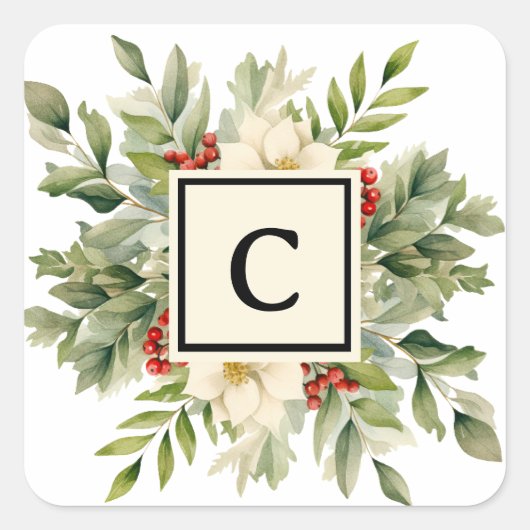 Christmas Floral Monogram Letter Quadratischer Aufkleber (Vorderseite)