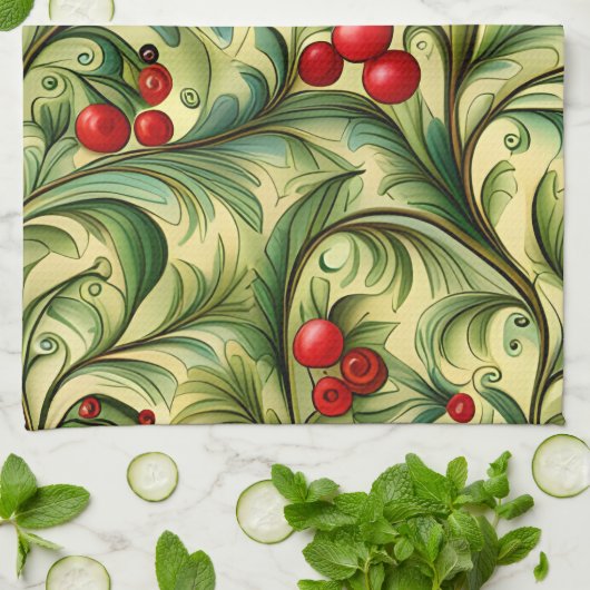 Christmas Floral Pattern With Red Berries Geschirrtuch (Gefaltet)