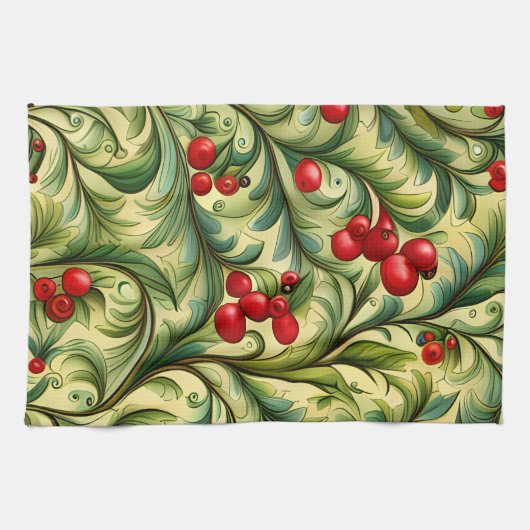 Christmas Floral Pattern With Red Berries Geschirrtuch (Horizontal)