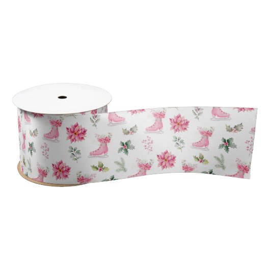 Christmas Floral Pink Ice Skates Satinband (Spule)