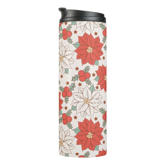 Christmas Floral Poinsettia Holly Custom Thermosbecher (Nach rechts gedreht)