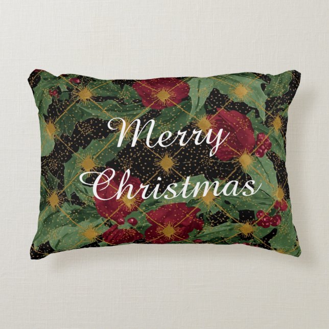 Christmas Flowers Pattern,Gold Red Green Black Dekokissen (Vorderseite)