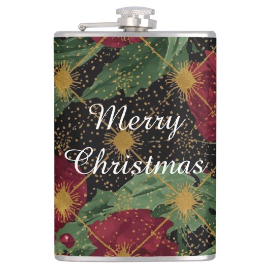 Christmas Flowers Pattern,Gold Red Green Black Flachmann (Vorderseite)