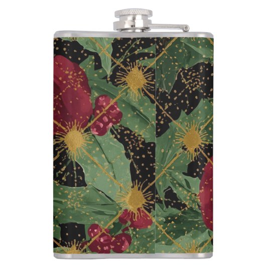 Christmas Flowers Pattern,Gold Red Green Black  Flachmann (Rückseite)