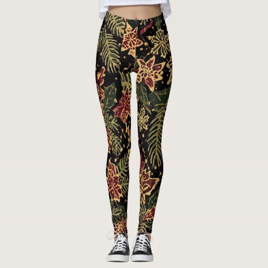 Christmas Flowers ,Red Gold Black, Merry Christmas Leggings (Vorderseite)