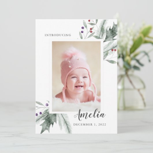 Christmas Foliage Baby Foto Birth Ankündigung (Stehend Vorderseite)
