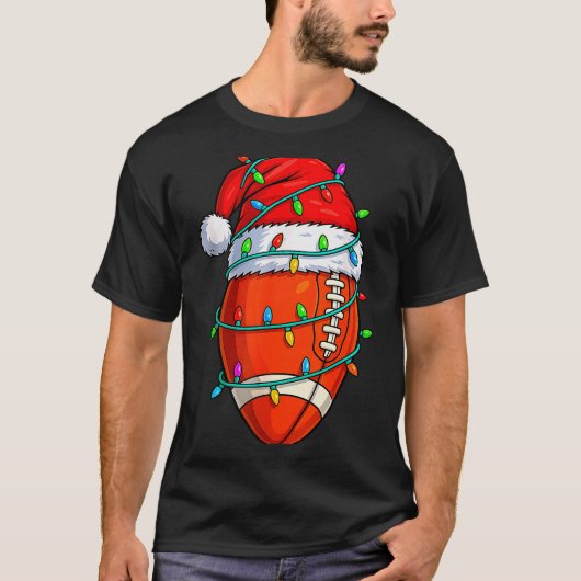 Christmas Football Player Santa Hat Xmas Lights Fu T-Shirt (Vorderseite)
