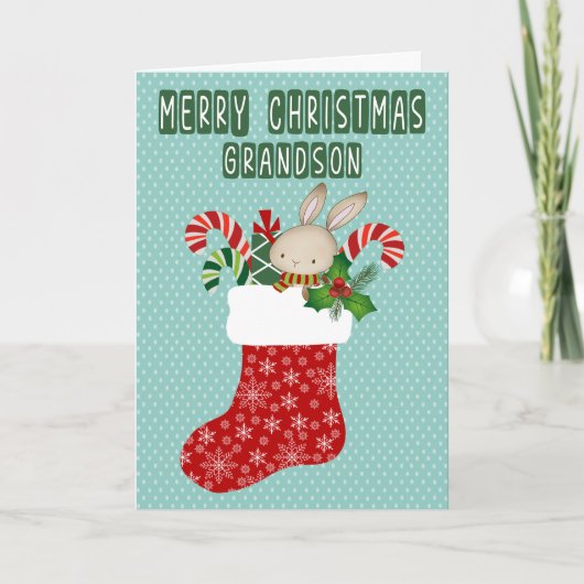Christmas for Grandson Stocking with Bunny Karte (Vorderseite)