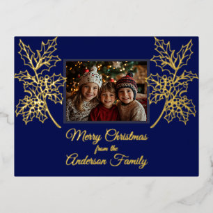 Christmas Foto Holly Branches Blue Botanical Folien Feiertagspostkarte