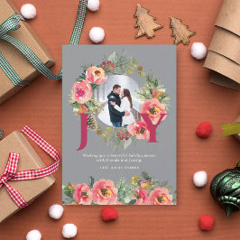 Christmas Foto Red Joy Floral Wreath Botanische Feiertagskarte