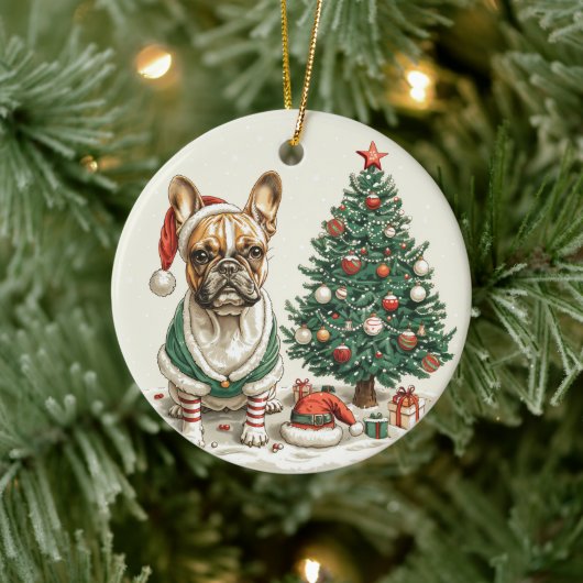 Christmas French Bulldog Elf Dog Keramik Ornament (Baum)