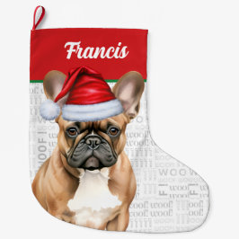Christmas French Bulldog with Name Woof Background Großer Weihnachtsstrumpf