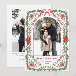 Christmas Funky Whimsical Red Bow Wreath 2 Photo Feiertagskarte