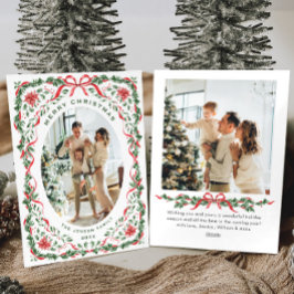 Christmas Funky Whimsical Red Bow Wreath 2 Photo Feiertagskarte