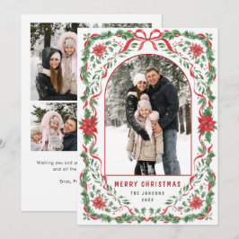 Christmas Funky Whimsical Red Bow Wreath 5 Photo Feiertagskarte