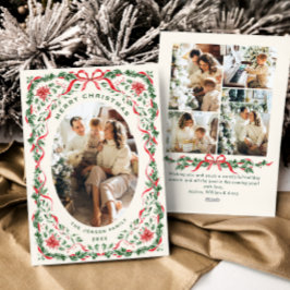 Christmas Funky Whimsical Red Bow Wreath 5 Photo Feiertagskarte