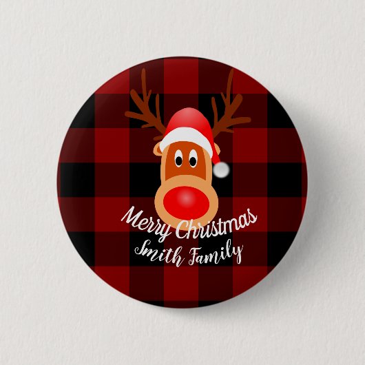 Christmas Funny Reindeer Buffalo Kariert Custom Button (Vorderseite)