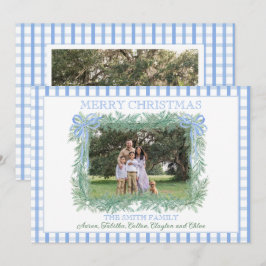 Christmas Garland Blue Bow Ribbon Gingham Feiertagskarte