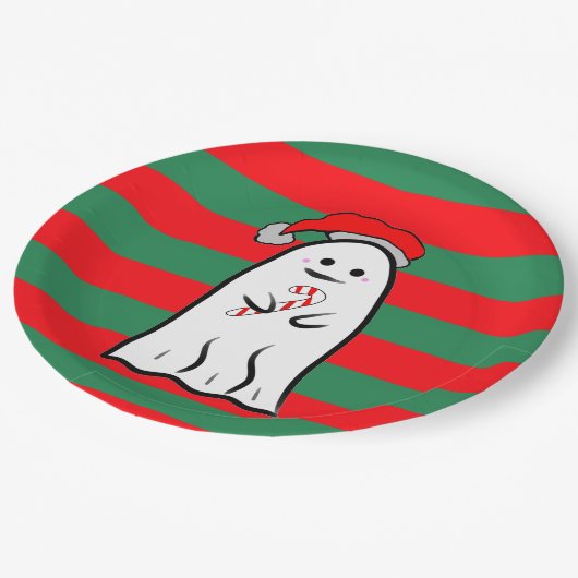 Christmas Ghost on Red and Green Stripes Pappteller (Schrägansicht)