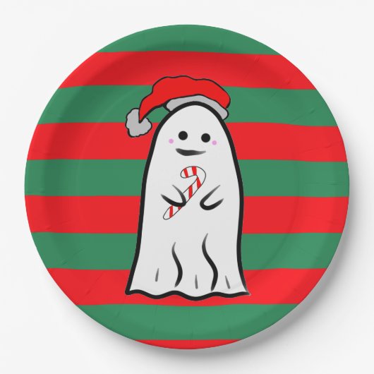 Christmas Ghost on Red and Green Stripes Pappteller (Vorderseite)