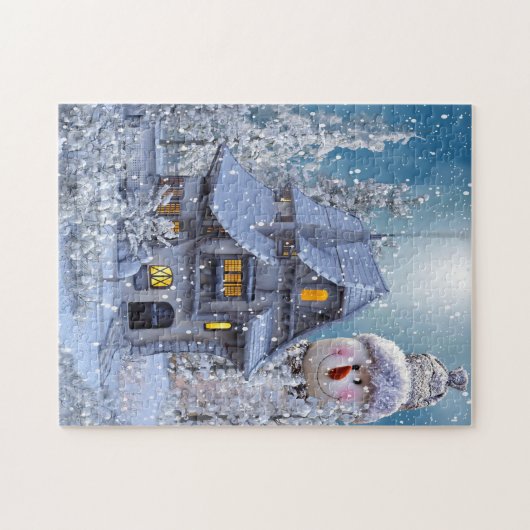 Christmas Gift Winter White Snowman Blue Rustic Puzzle (Horizontal)