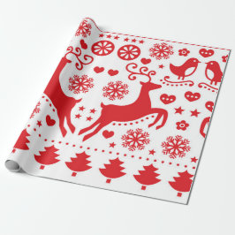 CHRISTMAS GIFT WRAP SCANDINAVIAN REINDEIN IN ROT GESCHENKPAPIER