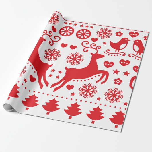 CHRISTMAS GIFT WRAP SCANDINAVIAN REINDEIN IN ROT GESCHENKPAPIER (Ungerollt)