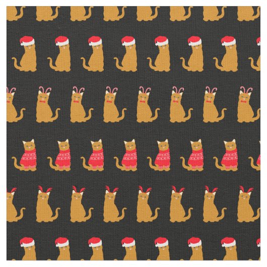 Christmas Ginger Cat Weihnachtsmannmützen Muster a Stoff (Nahaufnahme)