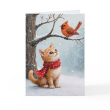 Christmas Ginger Kitty sieht einen Kardinal