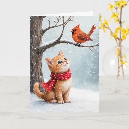 Christmas Ginger Kitty sieht einen Kardinal Karte (Gelbe Blume)