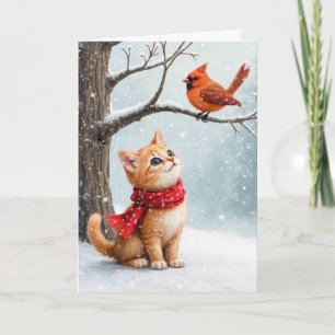 Christmas Ginger Kitty sieht einen Kardinal Karte