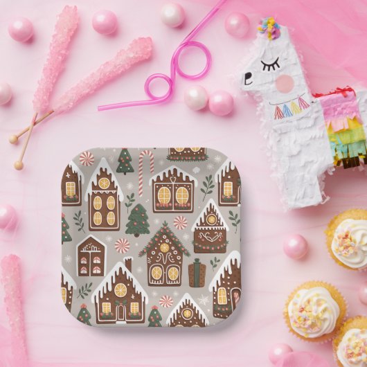 Christmas Gingerbread Houses Holiday Pattern Pappteller (Party)