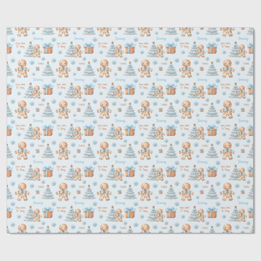 Christmas Gingerbread Man Boy Blauer Name Text Geschenkpapier (Flach)