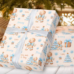 Christmas Gingerbread Man Boy Blue Beige Name Text Geschenkpapier<br><div class="desc">Weihnachtsverpackung mit einem niedlichen Lebkuchenmann,  Weihnachtsbaum,  Geschenke und Schneeflocken für Babys und kleine Jungen mit dem Namen und zwei anderen Texten,  leicht personalisieren. Der beige Hintergrund. Kate Eden Art</div>