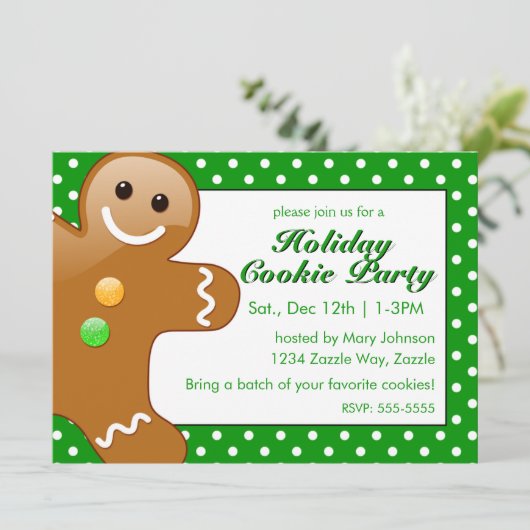 Christmas Gingerbread Man Green/White Polka Dots Einladung (Stehend Vorderseite)