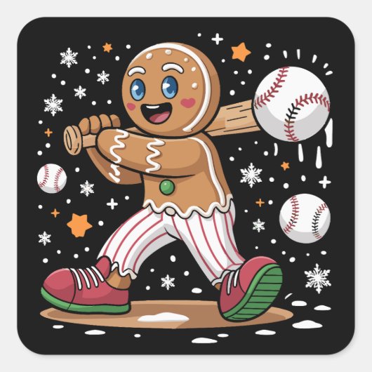 Christmas Gingerbread Man Sports Player Baseball  Quadratischer Aufkleber (Vorderseite)