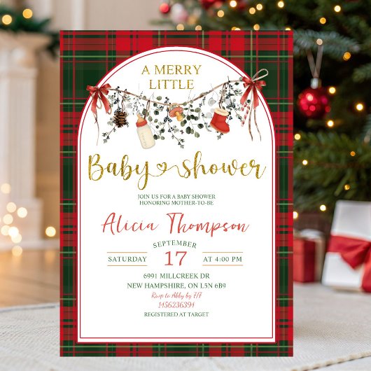 Christmas Gingham Rustic Merry Little Baby Shower Einladung