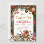 Christmas Gingham Time Four Tea 4th Birthday Einladung (Vorderseite)