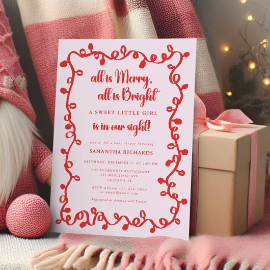 Christmas Girl blush pink red lights baby shower Einladung