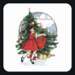 Christmas Girl Vintage Illustration Quadratischer Aufkleber<br><div class="desc">girl child kid christmas, 
x-mas branches birthday festive, 
watercolour fun baby young, 
joy fashion retro party, 
little art cartoon gift , 
watercolor merry white cold, 
snow cute xmas celebrate, 
tree celebration holiday , 
illustration winter decoration vintage, 
child girl kid christmas, </div>