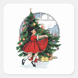 Christmas Girl Vintage Illustration Quadratischer Aufkleber
